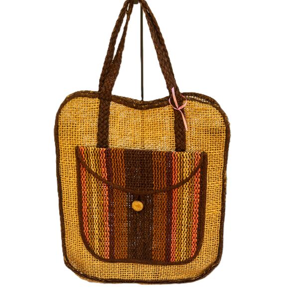 Vintage Woven Jute 70s Beach Tote Shopping Bag - Picture 1 of 7